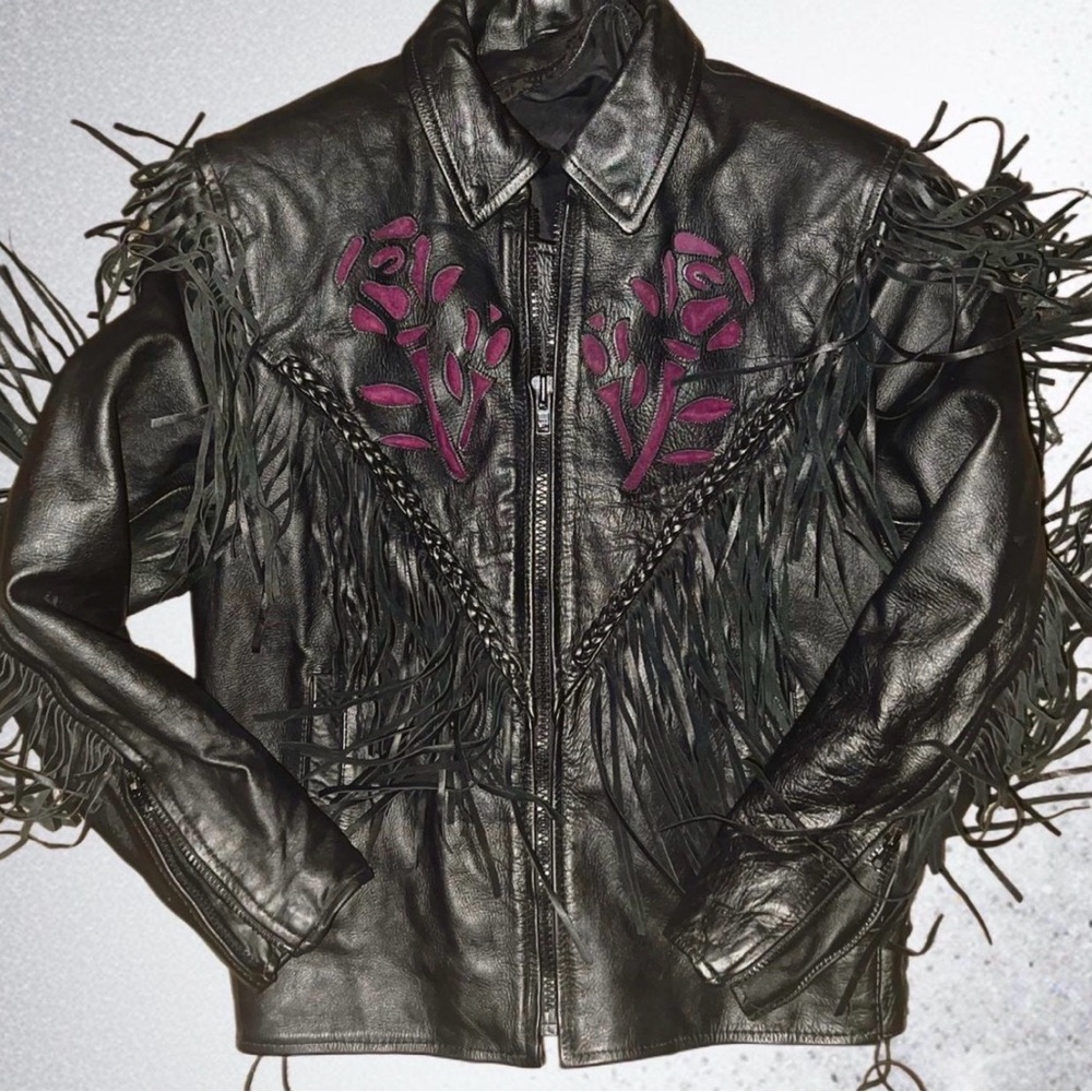 Vintage 90’s Geniune Leather Fringe Braided Rose Biker Jacket 💟 - Picture 3 of 6